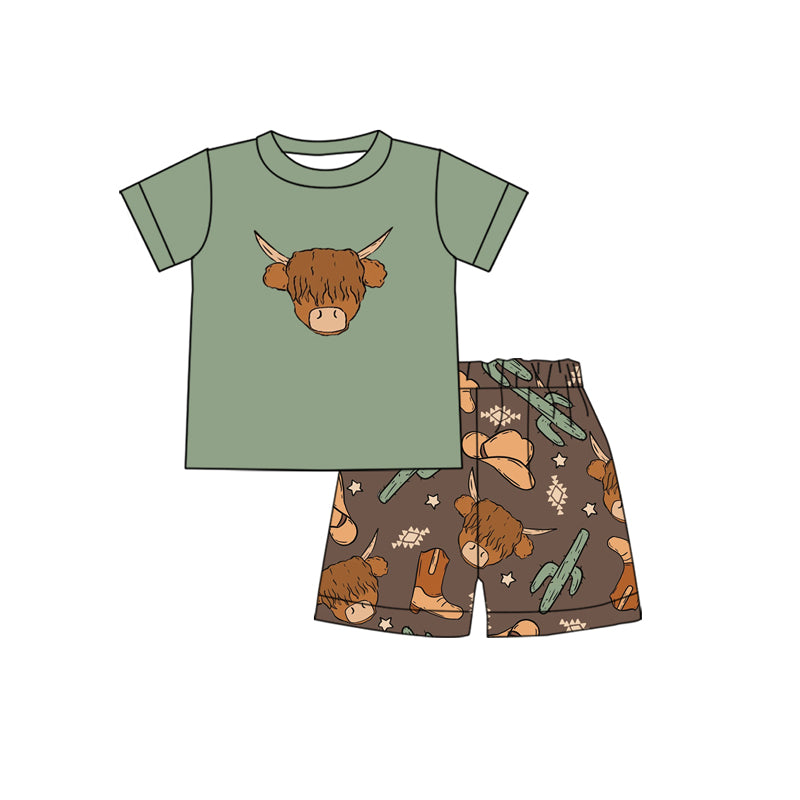 Preorder BSSO0508 Highland Cow Green Boys Short Sleeve Shorts Outfits