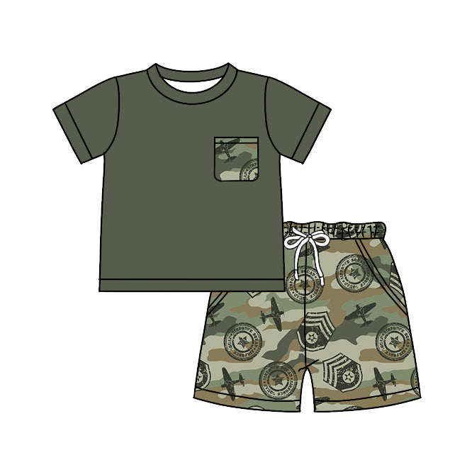 Preorder BSSO0510 Green Plane Boys Short Sleeve Shorts Outfits