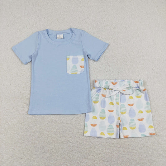 BSSO0525 Easter Egg Blue White short sleeve top shorts set boutique boy clothing sets summer outfit RTS 202501