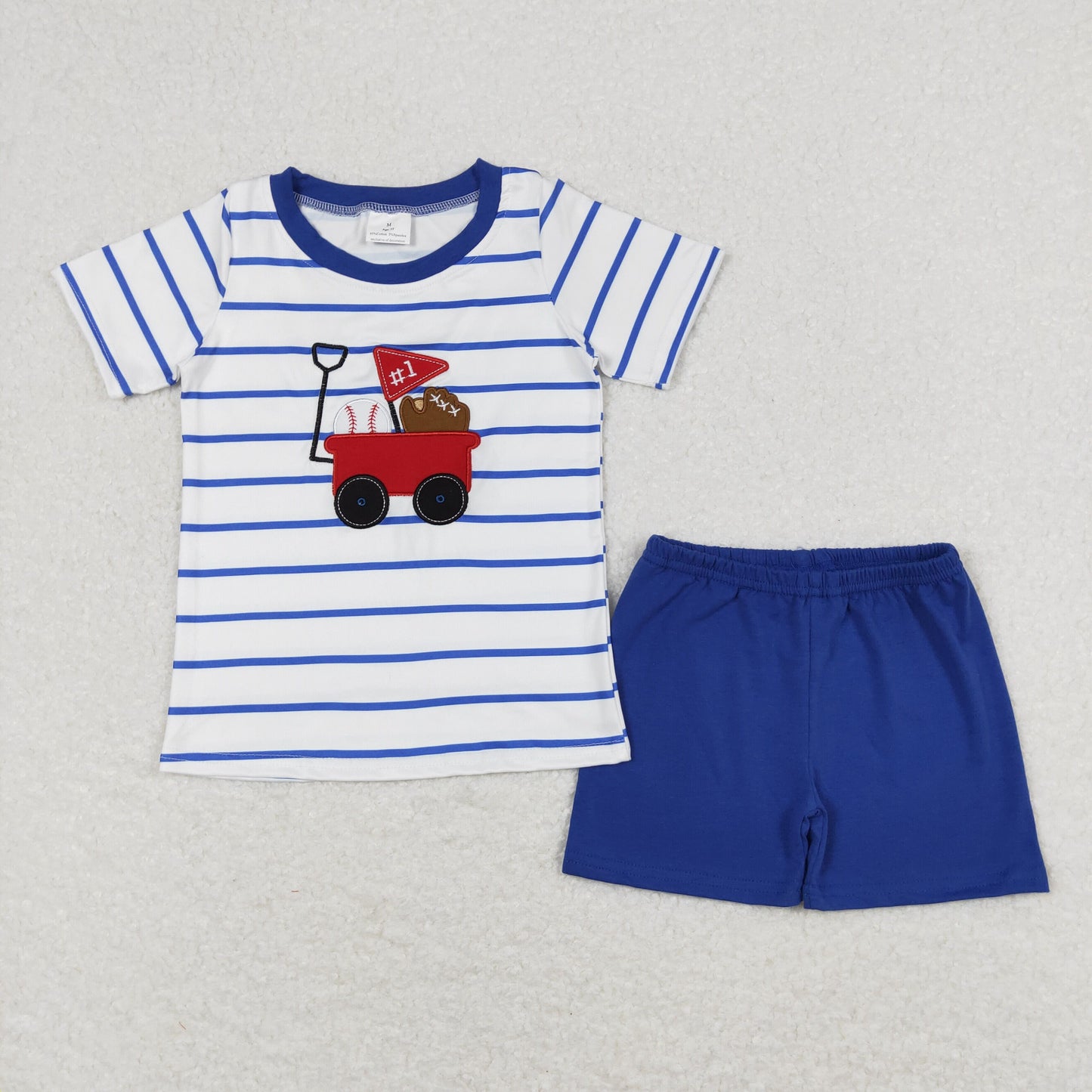 BSSO0540 Embroidered Baseball Cart Stripe White Short Sleeve Blue Shorts Boys Sets RTS 202508