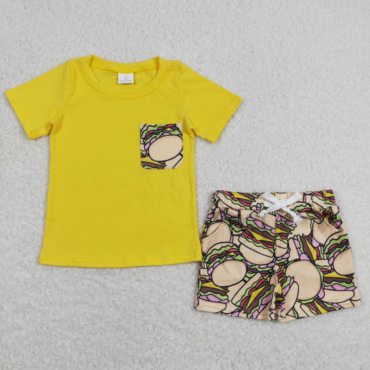 BSSO0547 Yellow Hamburger Boys Short Sleeve Shorts Outfits RTS 202507