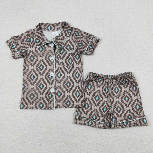 BSSO0560 Geometric Brown Gray Button Short Sleeve Shorts  Boys Pajamas Outfits RTS 202508