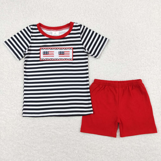 BSSO0565 4th of July Embroidered Flag Stripe Short Sleeve Red Shorts   Boys Outfits RTS 202508