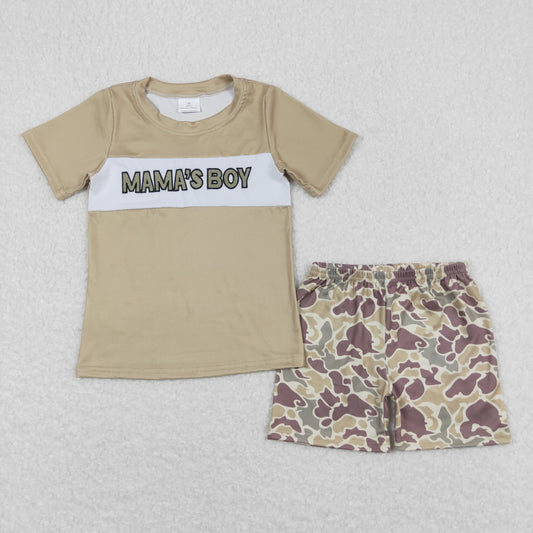 BSSO0567 Embroidered Mama's Boy Camo Khaki Short Sleeve Shorts  Boys Outfits RTS 202508