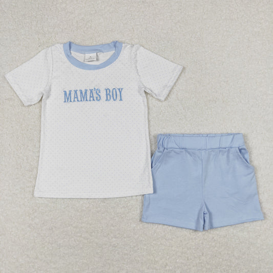 BSSO0570 Embroidered mama's boy blue Boys Short Sleeve Shorts Outfits RTS 202508