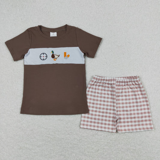 BSSO0573 Embroidered Duck Hunting Brown Boys Short Sleeve Shorts Outfits RTS 202508