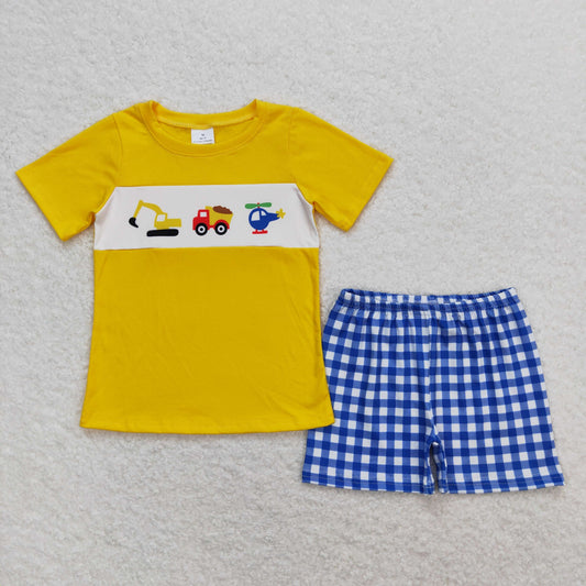 BSSO0574 Yellow Truck Boys Short Sleeve Shorts Outfits 202404 RTS