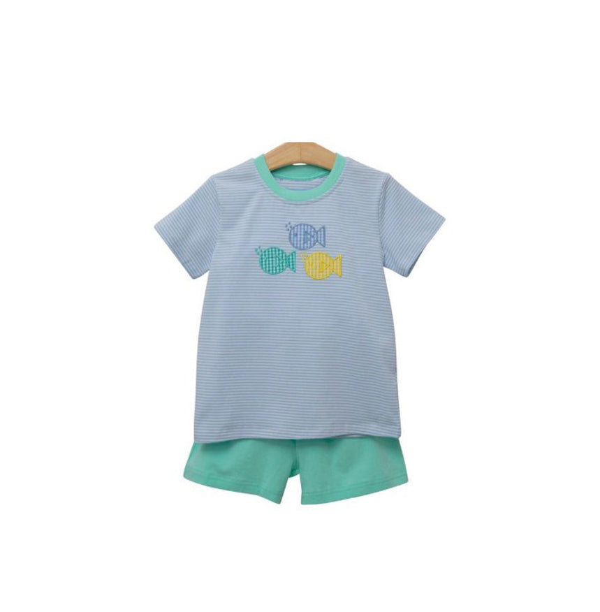 Preorder BSSO0587 Blue Fish Boys Short Sleeve Shorts Outfits