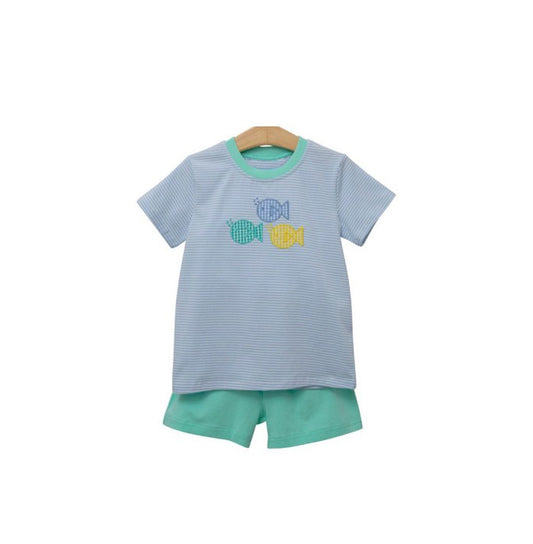 Preorder BSSO0587 Blue Fish Boys Short Sleeve Shorts Outfits
