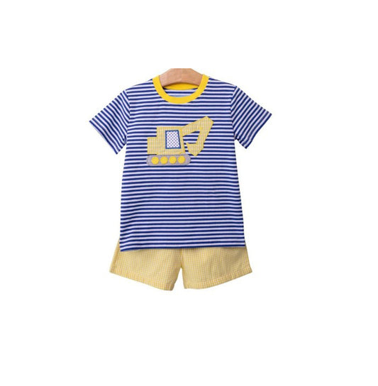 Preorder BSSO0590 Blue Yellow Truck Boys Short Sleeve Shorts Outfits