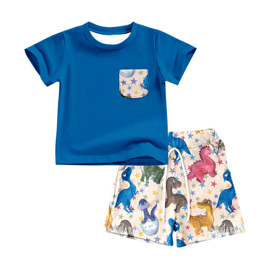 Preorder BSSO0594 Blue Dinosaur Boys Short Sleeve Shorts Outfits