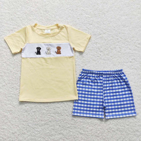 BSSO0598 Embroidered Dog Blue Plaid Boys Short Sleeve Shorts Outfits RTS 202508