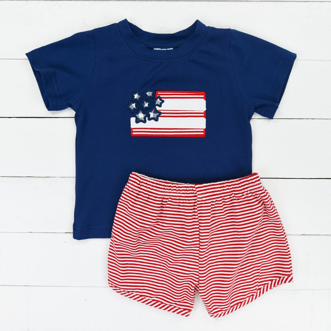 Preorder BSSO0603 4th of July blue red flag Boys Short Sleeve Shorts Outfits