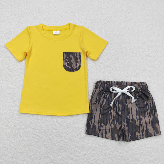 BSSO0609  Brown Camo Pocket Yellow Short Sleeve Shorts Boys Outfits RTS 202508