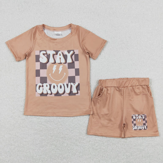 BSSO0613 Stay Groovy Letter Smiley Face Plaid Brown Short Sleeve Shorts   Boys Outfits RTS 202508