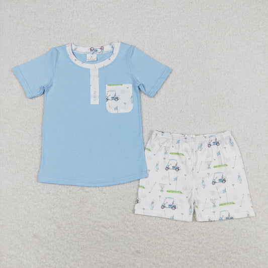 BSSO0615 Golf pocket blue short-sleeved white shorts suit baby boys clothing sets