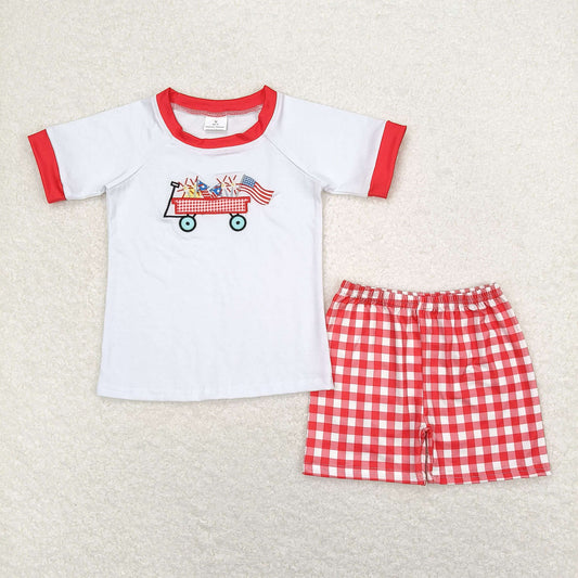 BSSO0618 Flag embroidery White Short sleeve red and white checkered shorts High quality cotton boys clothing sets