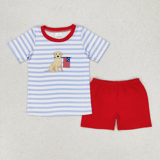BSSO0619  4th of July embroidered puppy flag blue red Short Sleeve Shorts  Boys Outfits 202504 RTS