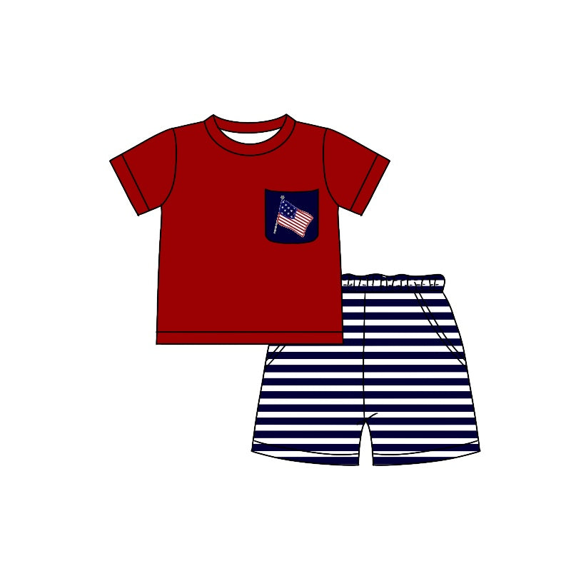 Preorder BSSO0620 4th of July blue red flag Boys Short Sleeve Shorts Outfits