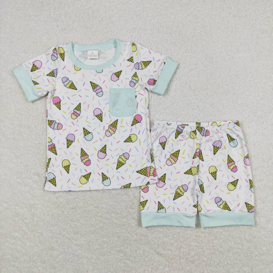 BSSO0622 Green Ice Cream Boys Short Sleeve Shorts Pajamas Outfits 202404 RTS