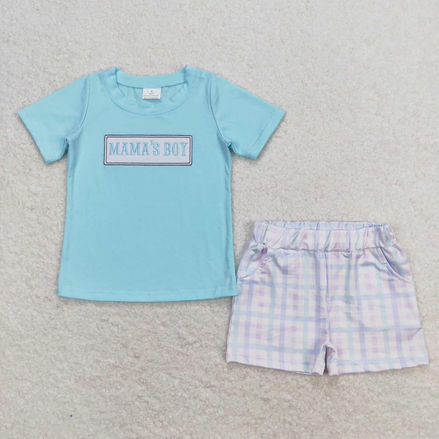 BSSO0624 embroidered mama's boy blue green short sleeve shorts outfits 202404 RTS