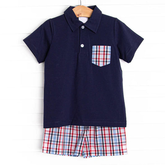 Preorder BSSO0628 plaid blue Boys Short Sleeve Shorts Outfits