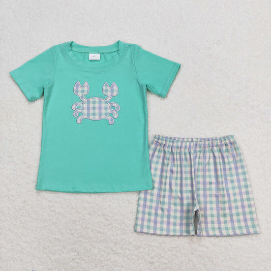 BSSO0638  Embroidered Crab Boys Green Short Sleeve Shorts Outfits RTS 202509