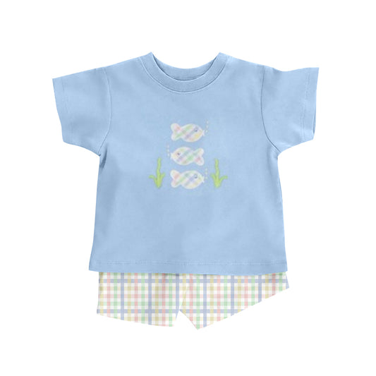 Preorder BSSO0639 Blue fish Boys Short Sleeve Shorts Outfits