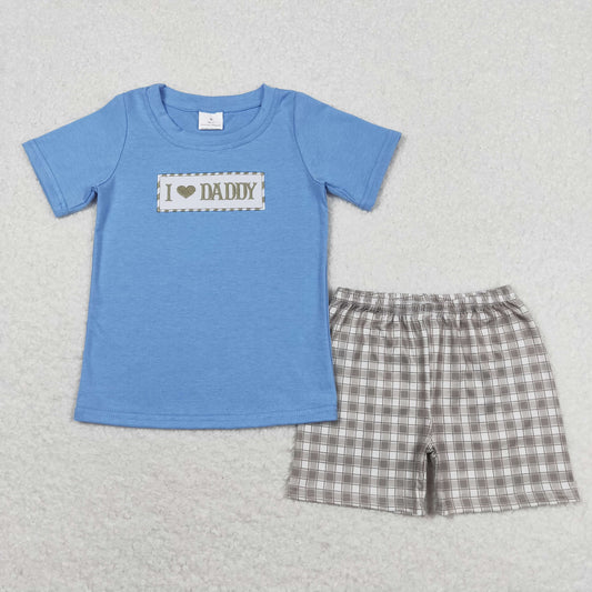 BSSO0640 Embroidered I Love Daddy Blue Boys Short Sleeve Shorts Outfits 202404 RTS