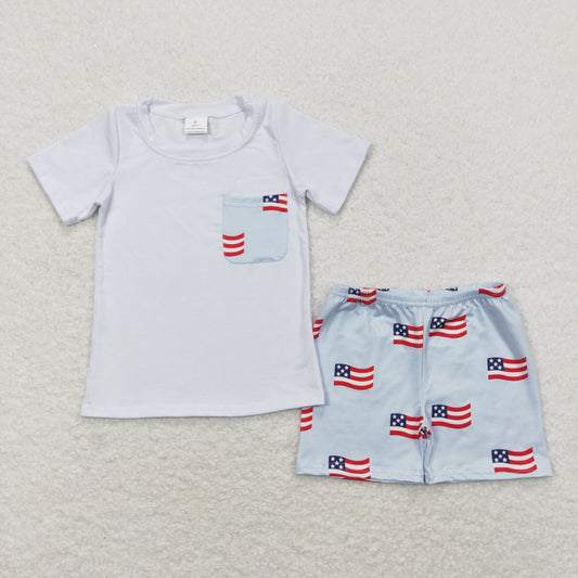BSSO0642  4th of July red blue flag  Boys Short Sleeve Shorts Outfits RTS 202508