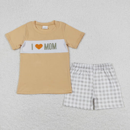 BSSO0646 I Love Mom Embroidered Boys Short Sleeve Shorts Outfits