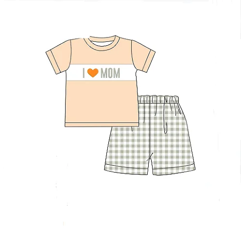 BSSO0646 I Love Mom Embroidered Boys Short Sleeve Shorts Outfits