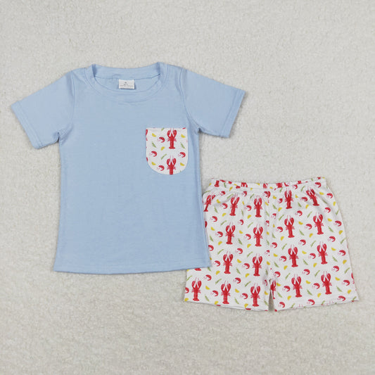 BSSO0648 Blue red crayfish Boys Short Sleeve Shorts Outfits 20240408 RTS