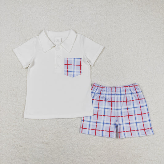 BSSO0651 Blue plaid pocket white short-sleeved shorts set high quality wholesale boys clothing sets
