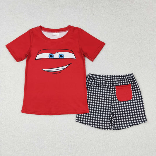 BSSO0654 Cartoon Cars Boys Red Short Sleeve Black Plaid Shorts Pajamas Outfits 202404 RTS