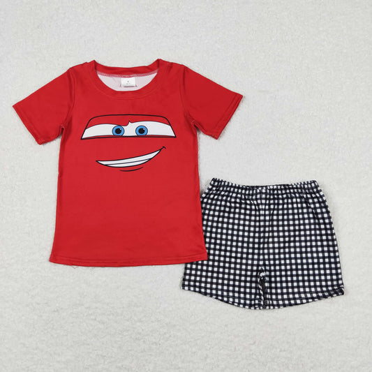 BSSO0654 Cartoon Cars Boys Red Short Sleeve Black Plaid Shorts Pajamas Outfits 202404 RTS