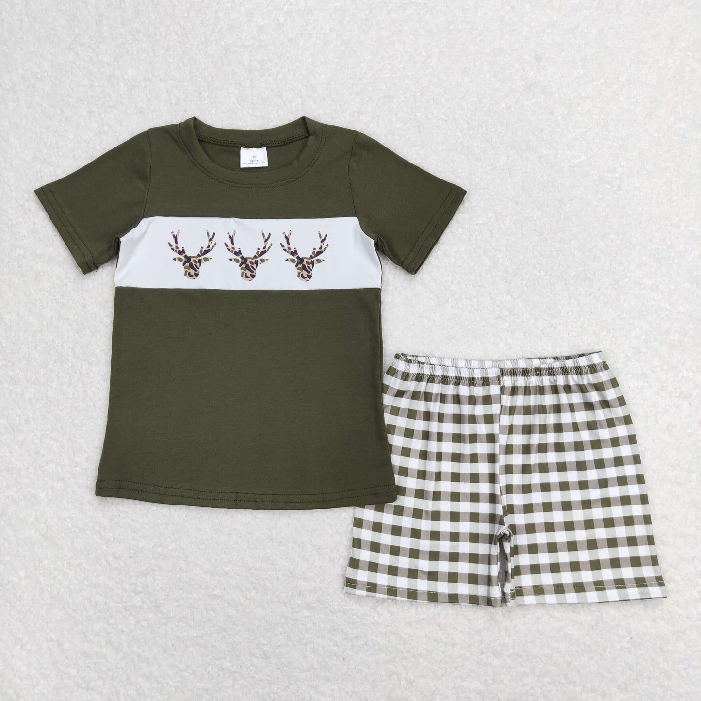 BSSO0662 Duck Hunting Army Green Short Sleeve Plaid Shorts Boys Outfits RTS 202508