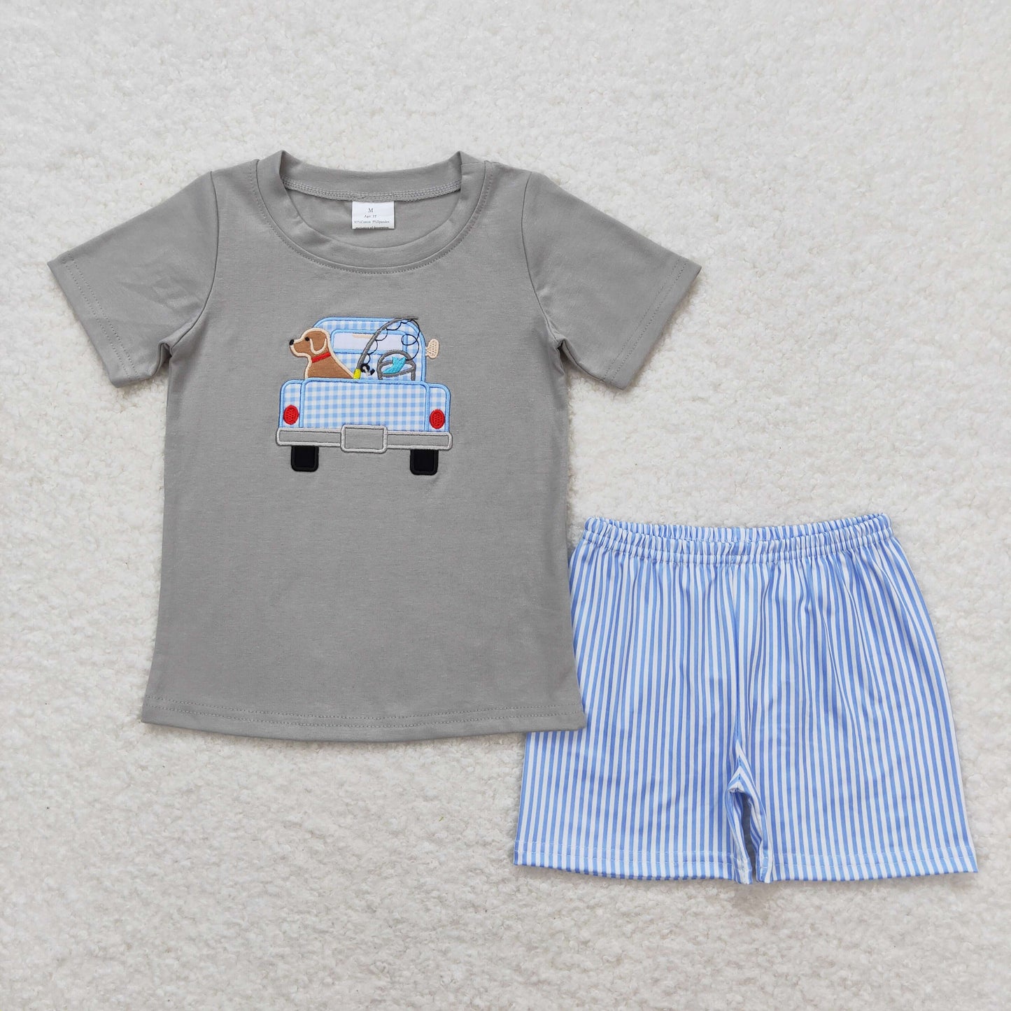 BSSO0664 Embroidered Puppy Boys Grey Short Sleeve Blue Stripe Shorts Outfits 202404 RTS
