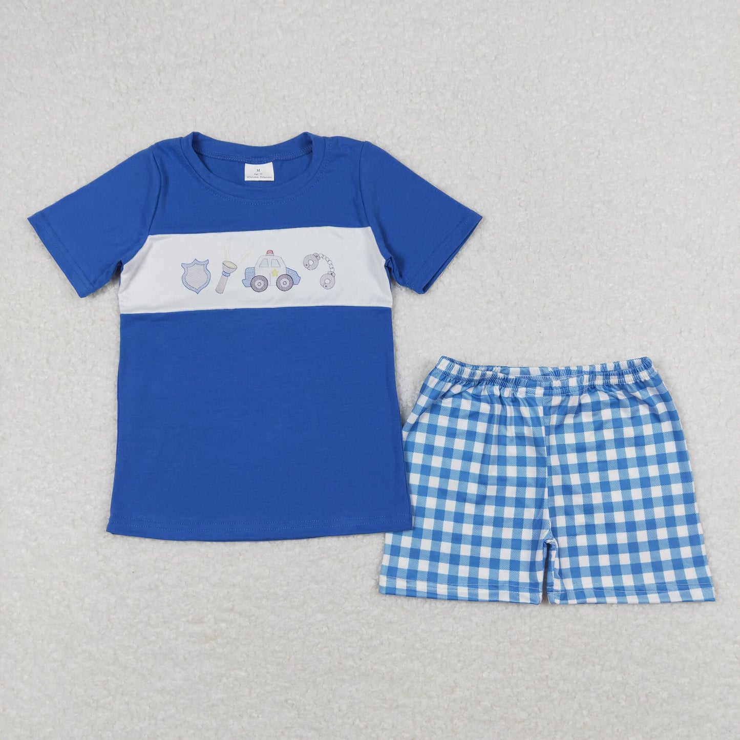 BSSO0665 Police Car Blue Short Sleeve Plaid Shorts Boys Outfits RTS 202508