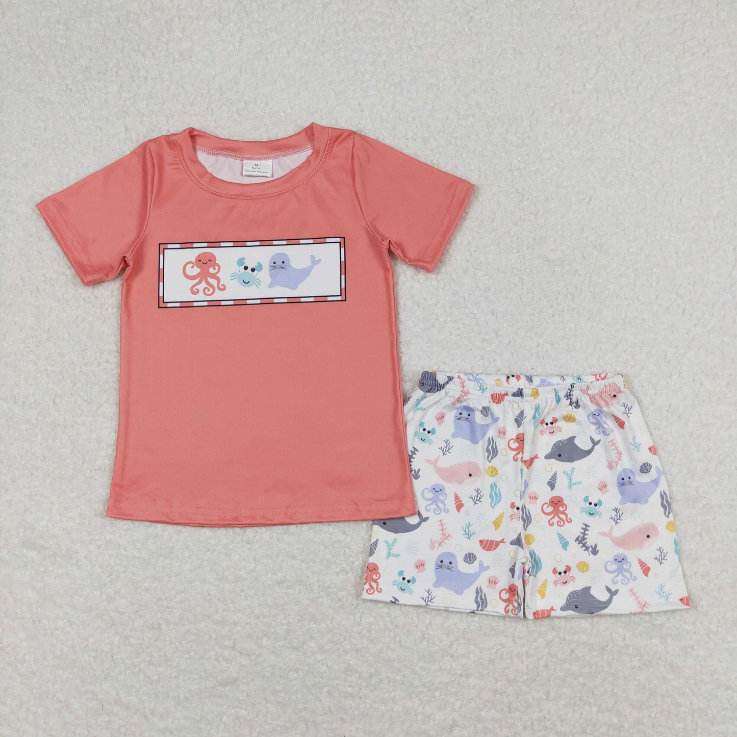 BSSO0671 Sibling Octopus Crab Seal Brick Red Short-Sleeve White Shorts Boy Set RTS 202508