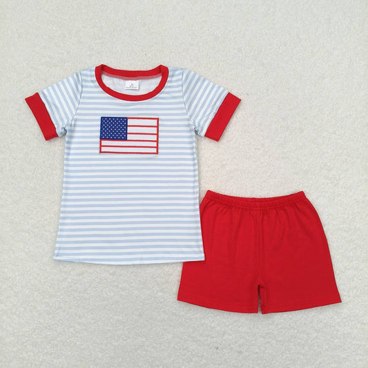 BSSO0684 4th of July Embroidered Flag Blue Stripe Short Sleeve Red Shorts Boys Outfits 202404 RTS