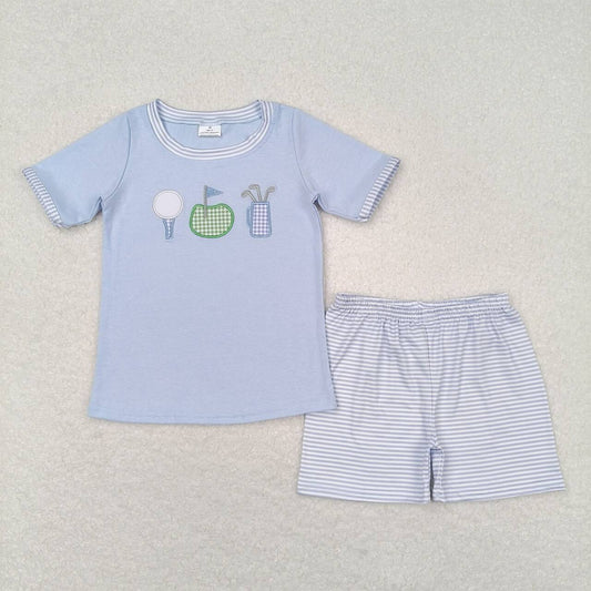 BSSO0686 Embroidery Golf Flag Blue Short Sleeve Striped Shorts Set Boys Boutique 202505 RTS