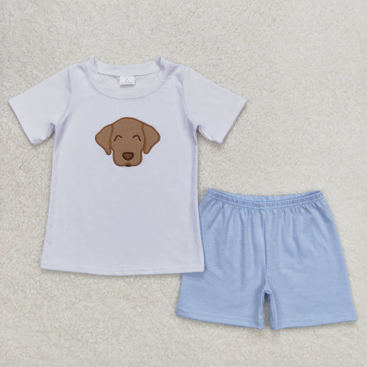 BSSO0695 Embroidered Puppy White Short Sleeve Blue Shorts Boys Outfits RTS 202508