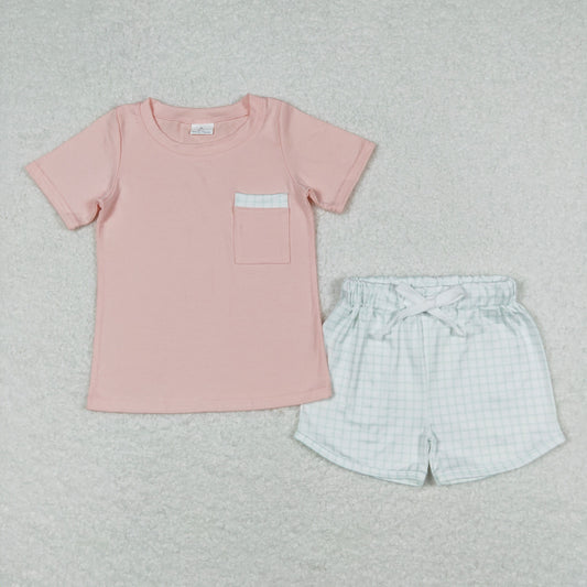 BSSO0698 Gray Pink Pocket Short Sleeve Plaid Shorts Sets Boys Boutique Clothes 20240402 RTS