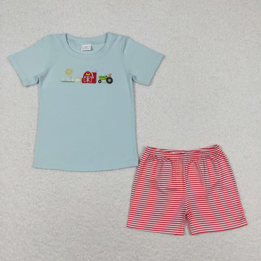 BSSO0702 Embroidery Farm Sun Red House tractor Short sleeve red striped shorts set baby clothing sets boy