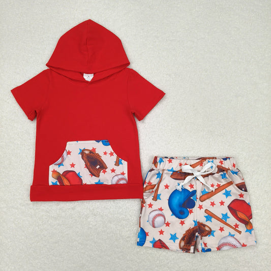 BSSO0704 Baseball Star Pocket Red Hooded Short Sleeve Shorts Boys Outfits 202404 RTS
