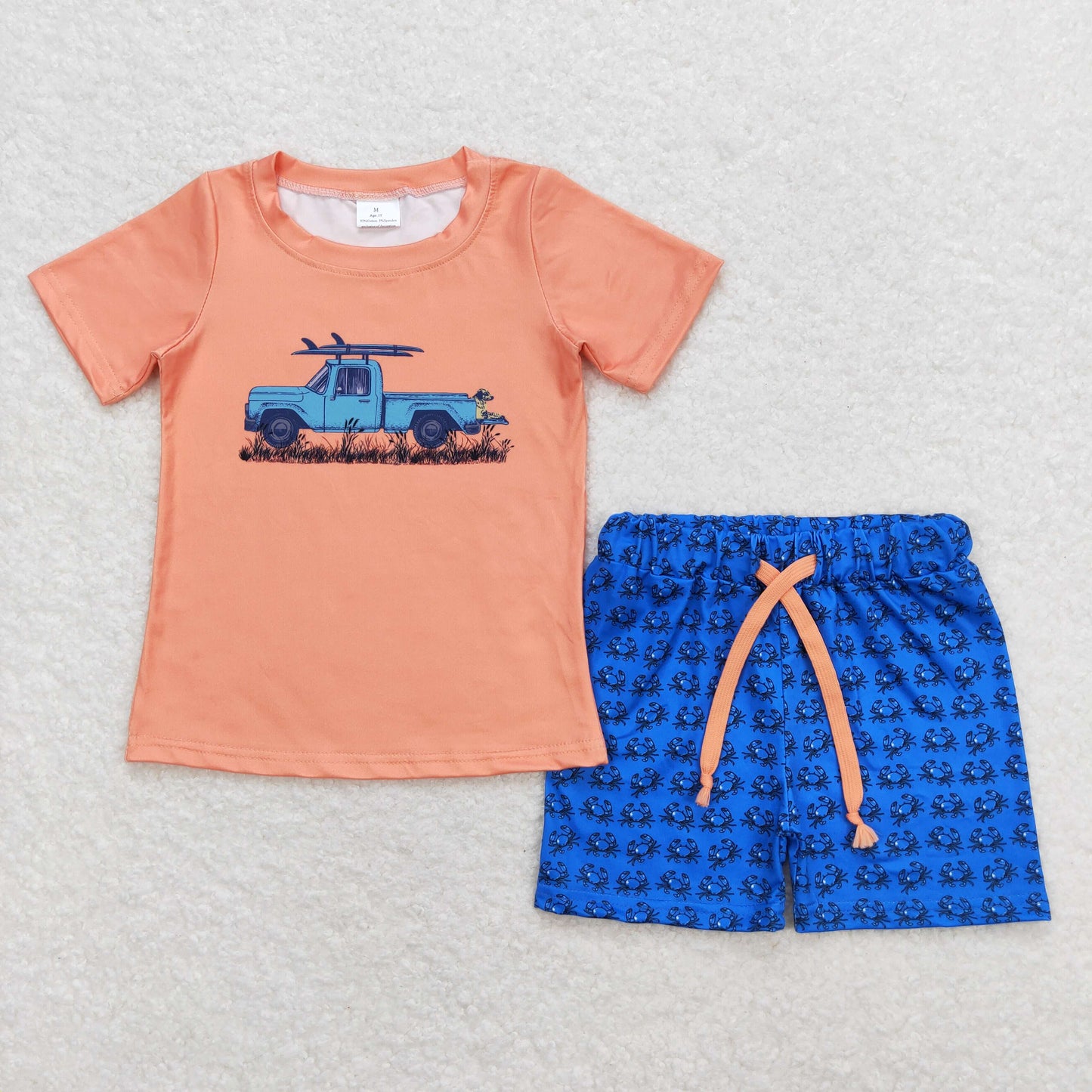 BSSO0706 Truck Orange Short Sleeve Crab Blue Shorts Boys Outfits RTS 202508