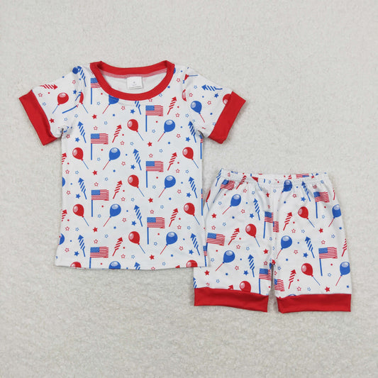 BSSO0707 4th of July Boys Balloon flag fireworks Red White Short Sleeve Shorts Pajamas Outfits 20240408 RTS