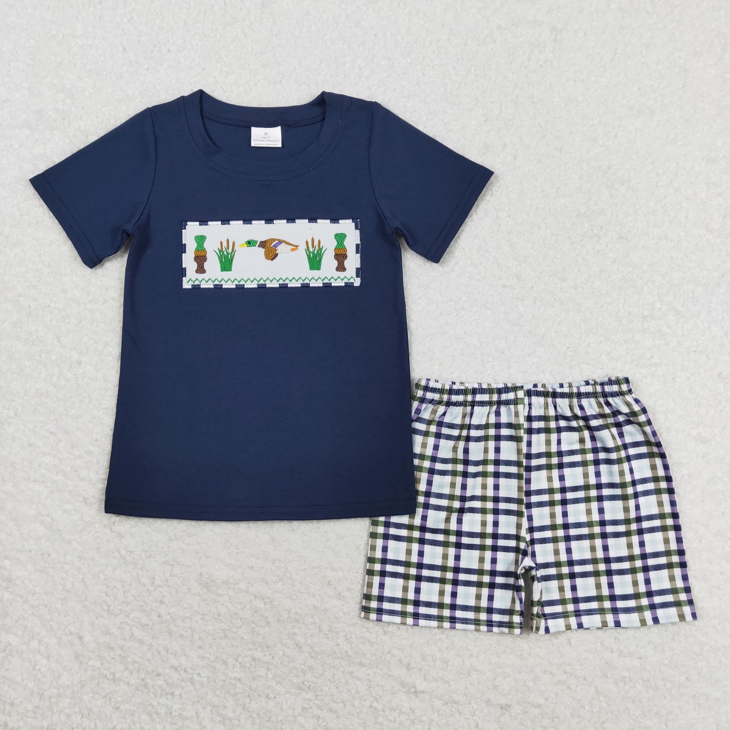 BSSO0710 Embroidered Bottle Duck Navy Short Sleeve Plaid Shorts Boys Outfits RTS 202509
