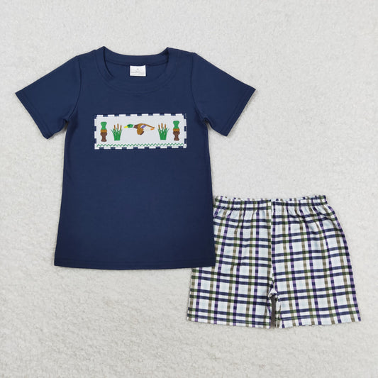 BSSO0710 Embroidered Bottle Duck Navy Short Sleeve Plaid Shorts Boys Outfits RTS 202509